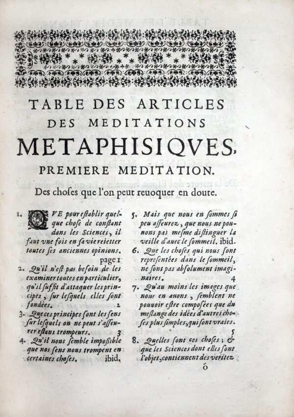 Meditations-Les-metaphysiques-de-Rene-Des-Cartes-touchant-la-premiere-philosophie.-Dedies-a-messieurs-de-Sorbone.-Nouvellement-divisees-par-articles-avec-des-Sommaires-a-coste-et-avec-des-Renvois-des-Articles-aux-Objections-et-des-Objections-aux-Responses-pour-en-faciliter-la-lecture-et-lrsquointelligence.-Par-Rene-Fede.-Troisieme-edition-revue-et-corrigee