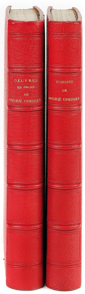 1-Oeuvres-en-prose-augmentees-drsquoun-grand-nombre-de-morceaux-inedits-et-precedees-drsquoune-notice-litteraire-par-Eugene-Hugo-et-drsquoune-notice-historique-contenant-toutes-les-pieces-relatives-a-son-proces-devant-le-tribunal-revolutionnaire-par-le-bibliophile-Jacob.-Seule-edition-complete-publiee-sur-les-manuscrits-autographes-de-lrsquoauteur-communiques-par-sa-famille.-Paris-Charles-Gosselin-1840.-2-Poesies-precedees-drsquoune-notice-par-M.-H.-de-Latouche-suivies-de-notes-et-jugements-extraits-des-ouvrages-de-M.M.-de-Chateaubriand-Le-Brun-Jules-Lefevre-Villemain-Victor-Hugo-Sainte-Beuve-A.-de-Vigny-Gustave-Planche-A.-de-Latour-nouvelle-et-seule-edition-complete-ornee-drsquoun-beau-portrait-drsquoAndre-Chenier