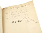 Reunion-de-deux-ouvrages-en-un-volume-in-16-bradel-demi-percaline-rouge-a-coins-dos-a-faux-nerfs-dores-titre-et-ex-libris-dore-tranches-peintes-de-motifs-floraux-reliure-de-lepoque-8211-Hellas.-Paris-Alphonse-Lemerre-1889-103-3-pp.-1-f.-blanc.-Edition-originale-exemplaire-N°6-des-10-sur-Japon-apres-5-sur-chine-envoi-autographe-signe-a-la-Contessina-Tea-Marcello.-Ce-memorial-de-route-dans-la-Provence-de-lAntiquite-8211-respectueux-hommage.-Paul-Marieton-1890.-Souvenance.-Poesies.-Avec-Preface-de-Josephin-Soulary-et-Lettre-de-Frederic-Mistral.-Paris-Alphonse-Lemerre-1884-VIII-101-1-pp.-1-f.-blanc