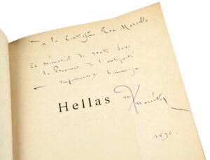 Reunion-de-deux-ouvrages-en-un-volume-in-16-bradel-demi-percaline-rouge-a-coins-dos-a-faux-nerfs-dores-titre-et-ex-libris-dore-tranches-peintes-de-motifs-floraux-reliure-de-lepoque-8211-Hellas.-Paris-Alphonse-Lemerre-1889-103-3-pp.-1-f.-blanc.-Edition-originale-exemplaire-N°6-des-10-sur-Japon-apres-5-sur-chine-envoi-autographe-signe-a-la-Contessina-Tea-Marcello.-Ce-memorial-de-route-dans-la-Provence-de-lAntiquite-8211-respectueux-hommage.-Paul-Marieton-1890.-Souvenance.-Poesies.-Avec-Preface-de-Josephin-Soulary-et-Lettre-de-Frederic-Mistral.-Paris-Alphonse-Lemerre-1884-VIII-101-1-pp.-1-f.-blanc