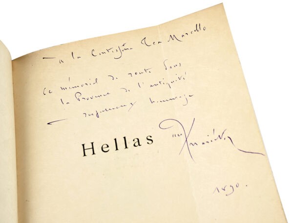 Reunion-de-deux-ouvrages-en-un-volume-in-16-bradel-demi-percaline-rouge-a-coins-dos-a-faux-nerfs-dores-titre-et-ex-libris-dore-tranches-peintes-de-motifs-floraux-reliure-de-lepoque-8211-Hellas.-Paris-Alphonse-Lemerre-1889-103-3-pp.-1-f.-blanc.-Edition-originale-exemplaire-N°6-des-10-sur-Japon-apres-5-sur-chine-envoi-autographe-signe-a-la-Contessina-Tea-Marcello.-Ce-memorial-de-route-dans-la-Provence-de-lAntiquite-8211-respectueux-hommage.-Paul-Marieton-1890.-Souvenance.-Poesies.-Avec-Preface-de-Josephin-Soulary-et-Lettre-de-Frederic-Mistral.-Paris-Alphonse-Lemerre-1884-VIII-101-1-pp.-1-f.-blanc
