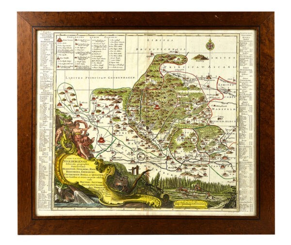 Carte-52-x-61-cm-gravee-en-couleurs-encadree-61-x-70-cm-Comitatus-Stolbergensis-delineatio-geographia-praefecturas-Hohnstein-Stolberg-Hayn-Berenroda-Ebersburg-Ufftrungen-Rosla-et-Questen-cum-limitibus-et-vicinia-accurate-exhibens-caelo-Matthaei-Seutteri8230-Tob.-Conr.-Lotter-Sculpsit