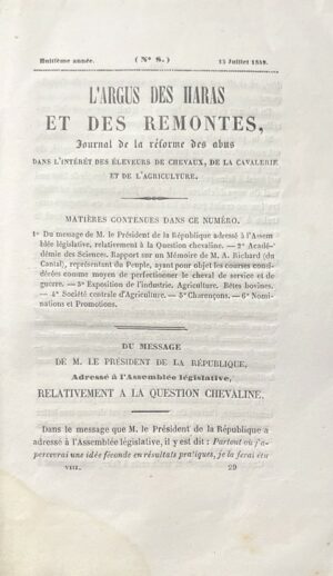 Argus-Lrsquo-des-haras-et-des-remontes-journal-de-la-reforme-des-abus-dans-lrsquointeret-des-eleveurs-de-chevaux-de-la-cavalerie-et-de-lrsquoagriculture-sous-la-direction-de-X.-de-Nabat-ancien-officier-de-cavalerie-et-directeur-des-haras-royaux.-Tome-VIII-huitieme-annee.-Huitieme-livraison-juillet-1849